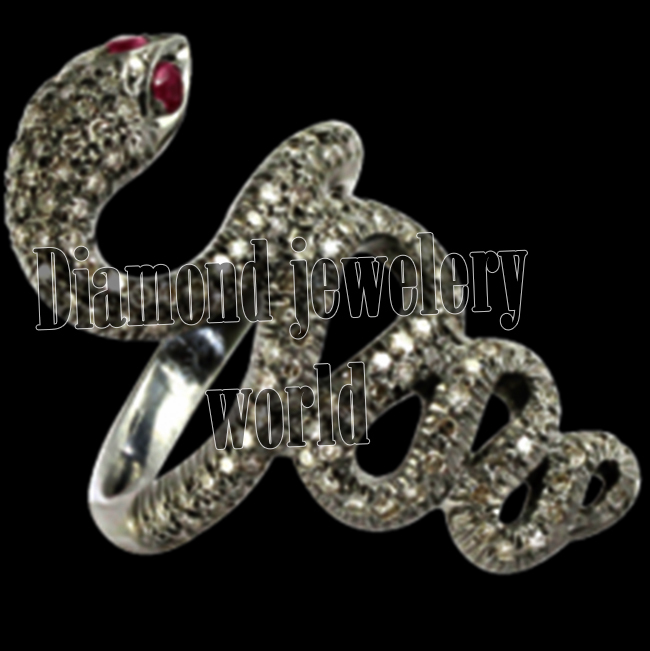 Stunning 2.06ctw Rose Cut Diamond Ruby Studded Silver Vintage Snake Ring Jewelry