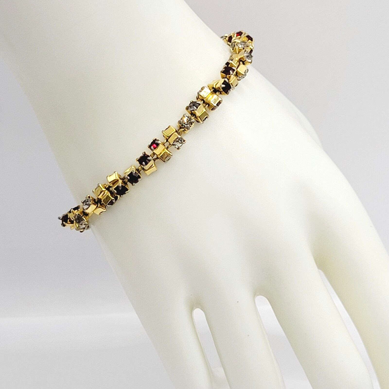 Unique Slightly Brutalist Style Gold Plated Bracelet Red White Rhinestone 7.5 In