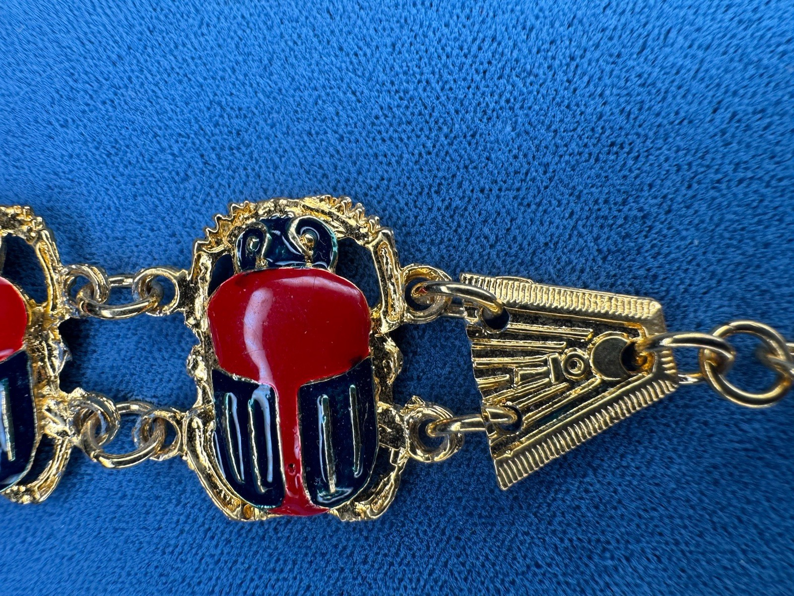 Gold Tone Double Linked Scarab Bracelet Red And Blue Enamel 7”