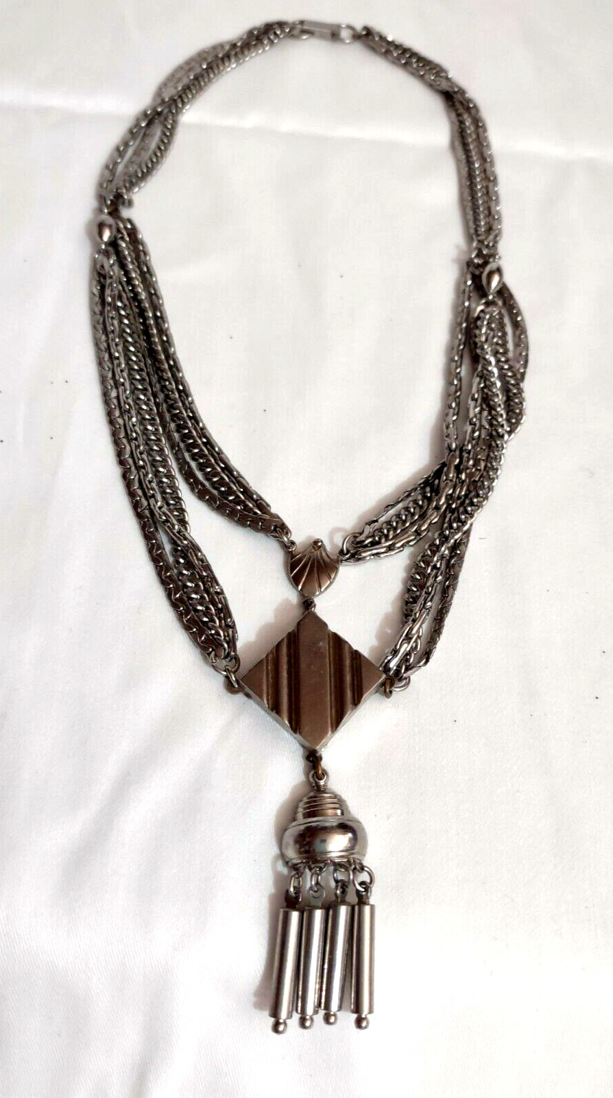 VTG Silver Tone Dbl 3-Strand Necklace 18″ No Mark Metal Tassel Goth Steam Punk