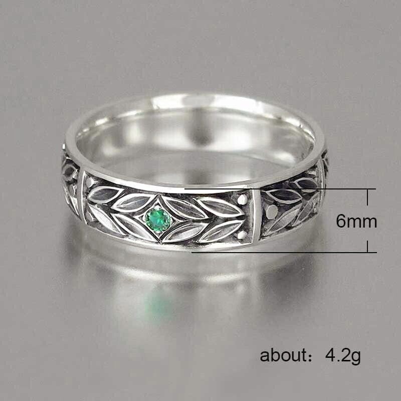 Silver Plated Retro Leaf Vintage Antique Birthday Band 1 Ct CZ Anniversary Ring