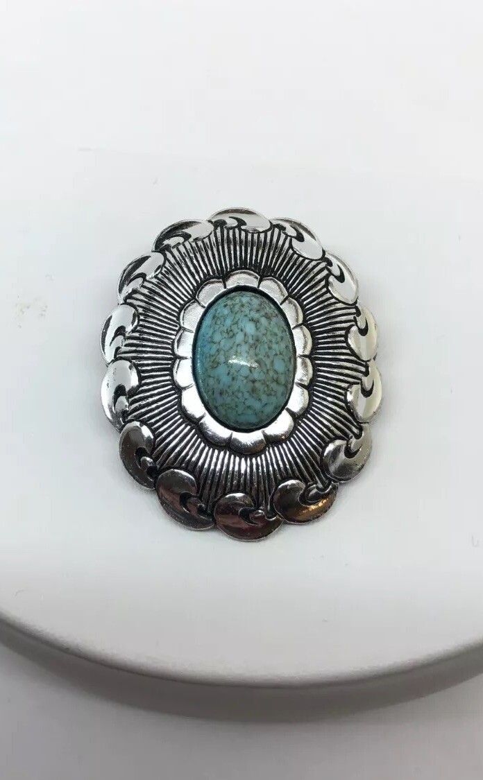 Vtg West Germany Scarf Clip Faux turquoise Oval cabochon Silver Tone signed