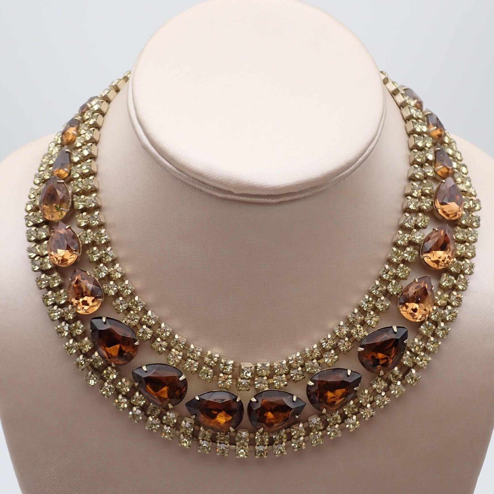 Vintage Statement 5 Row Golden Brown Pear Rhinestone 15″ Gold Tone Necklace