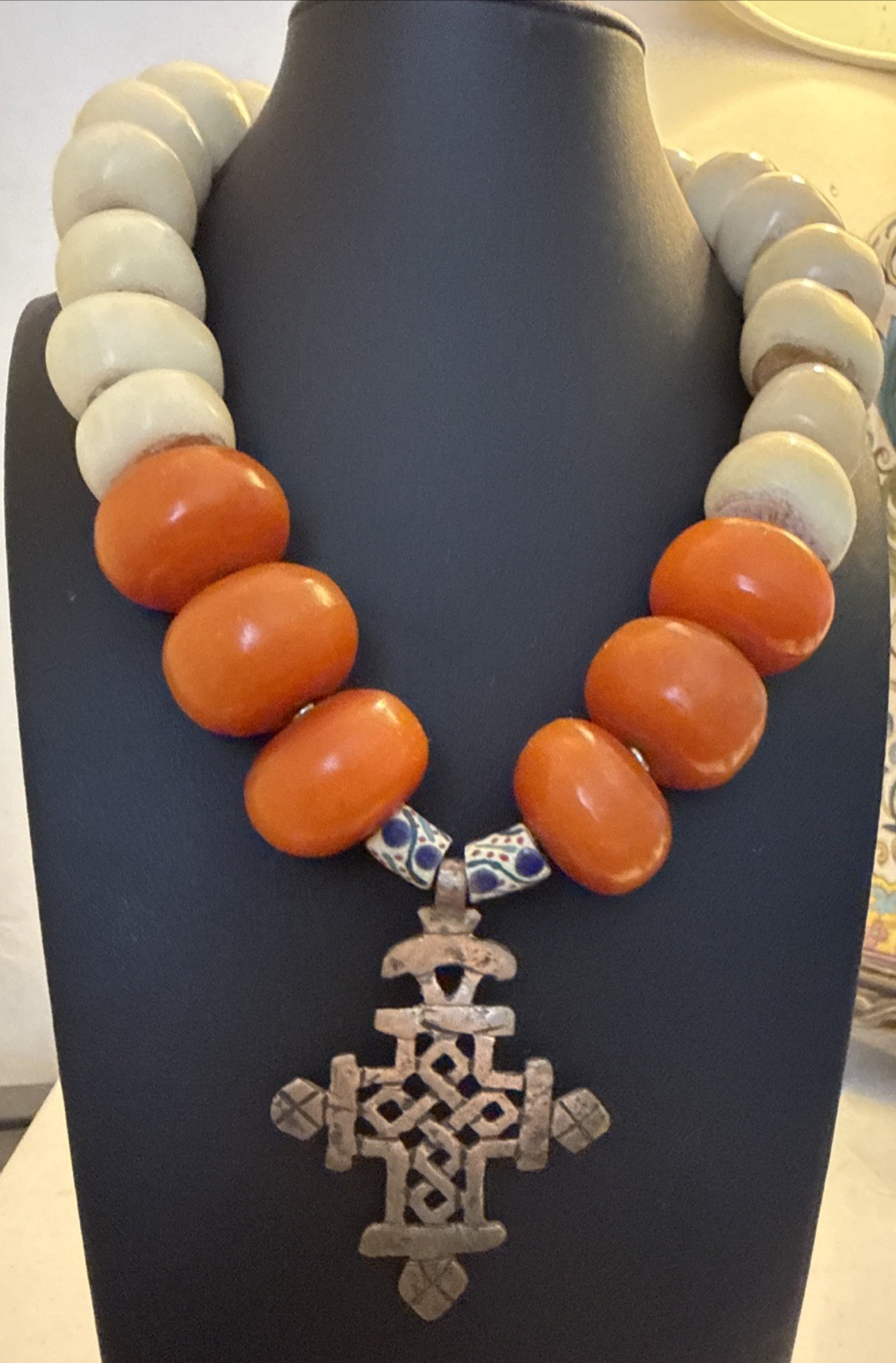 Vintage Coptic Cross Necklace African Amber Trade Beads Tribal Boho
