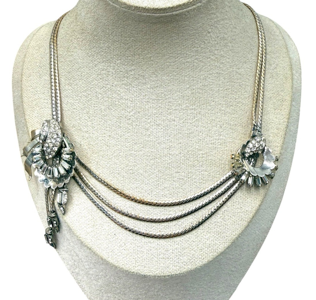 Vintage 40s Charles Reis USA 12K Gold Filled Necklace Collar Tassels Rhinestones