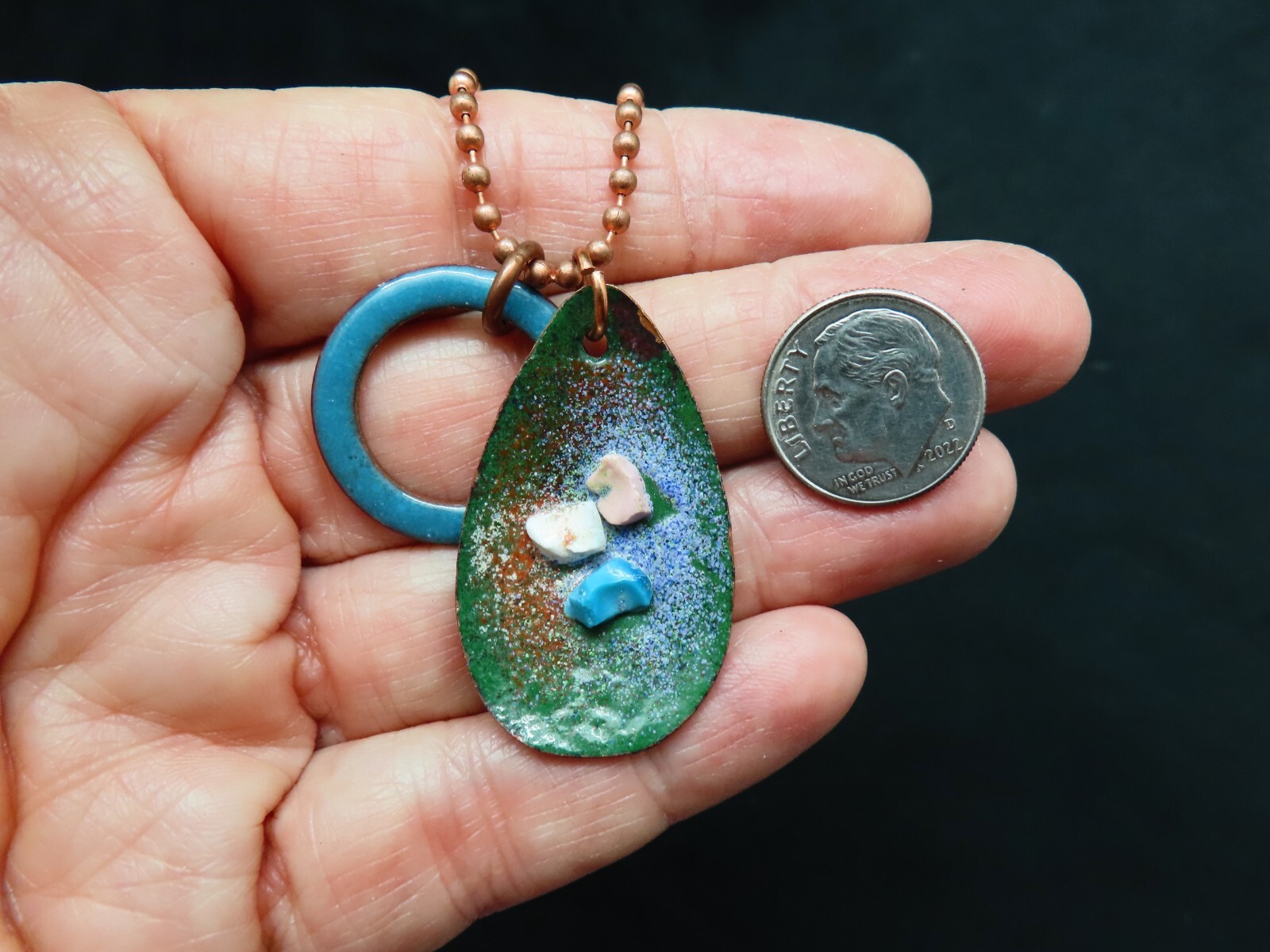 Vintage 1950’s Copper Ball Bead Chain w/TWO Gorgeous Enamel Slides