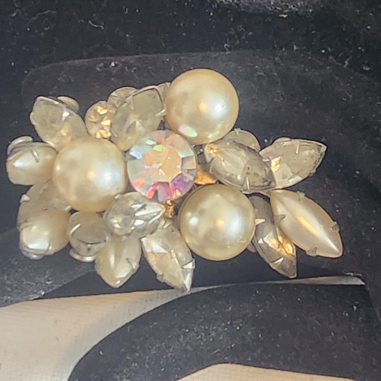 Vintage Aurora Borealis Rhinestone and Faux Pearl Cluster Clip On Earring Brooch