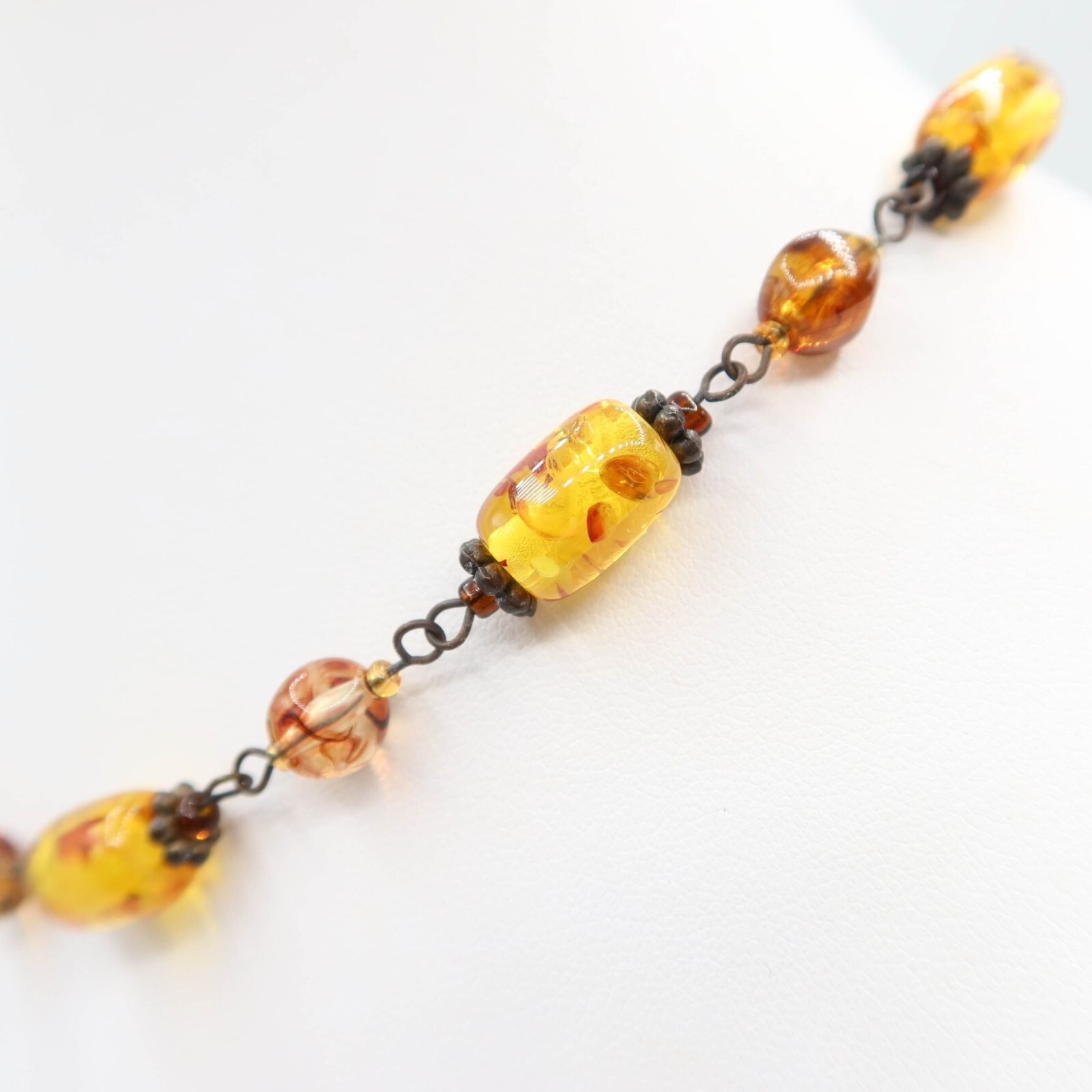 Faux Amber Bead & Antiqued Brass Choker Fashion Necklace 19″ Unsigned