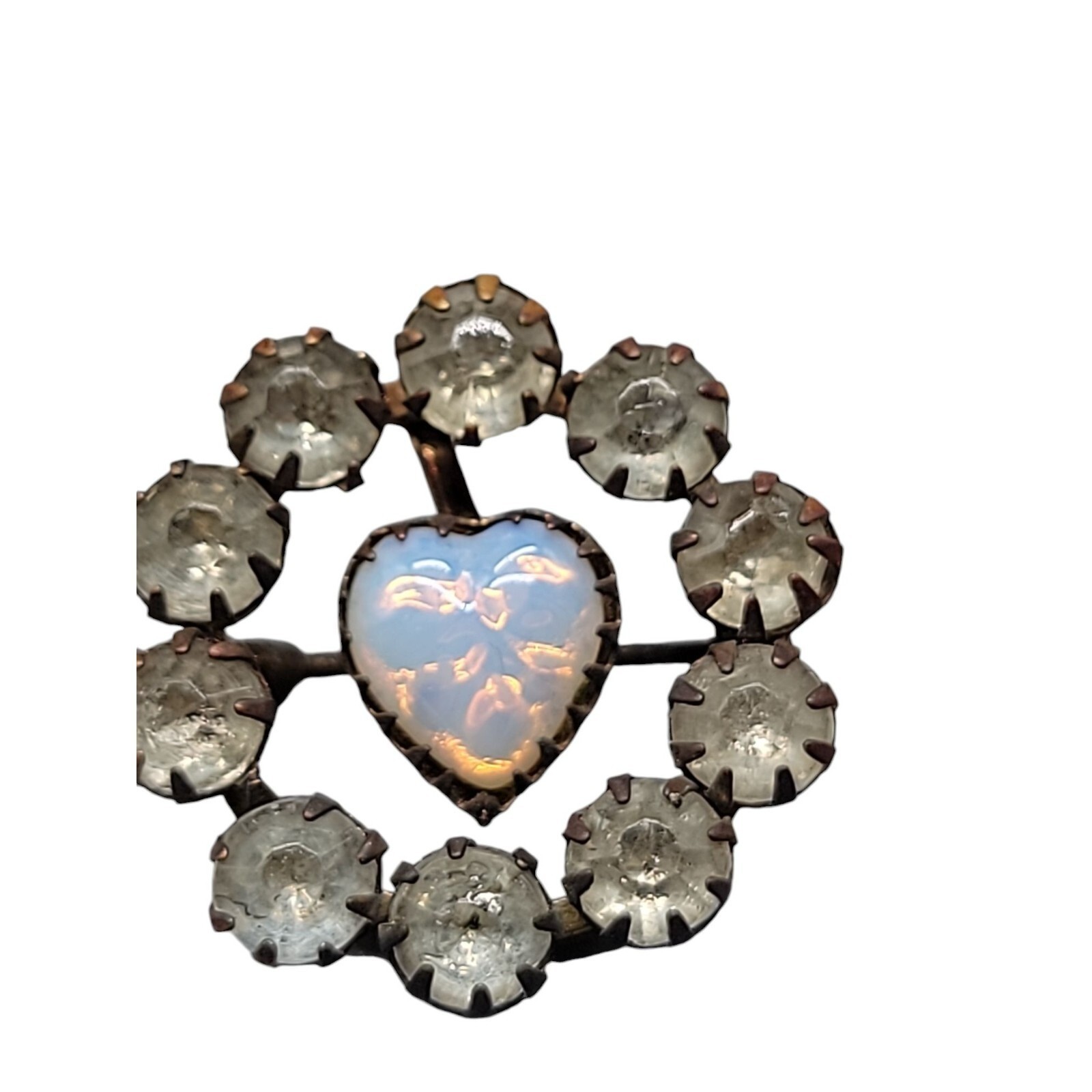 Antique Victorian Opaline Glass Heart Brooch Paste Rhinestone C Clasp Estate