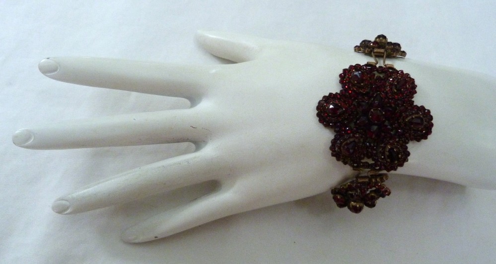 1 5/8″ WIDE ANTIQUE VINTAGE BOHEMIAN GARNET GOLD GILT STERLING SILVER BRACELET