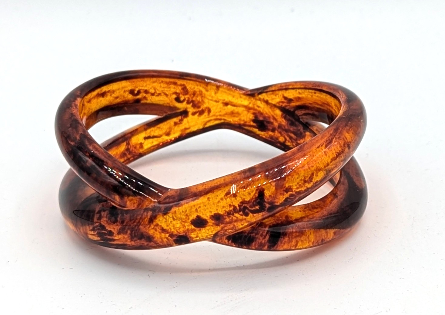 Vintage Root Beer Lucite Bangle Bracelet Sculptural Criss Cross Acrylic MCM