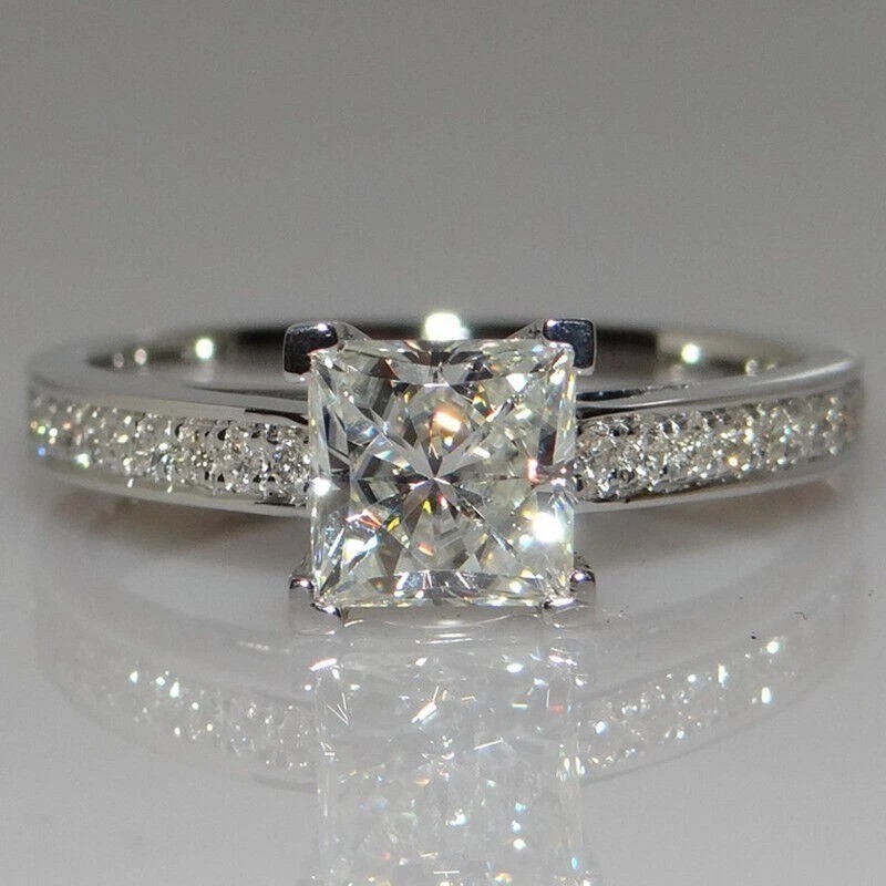 Art Deco Style Princess Lab Created Diamond Anniversary 14K White Gold FN Ring
