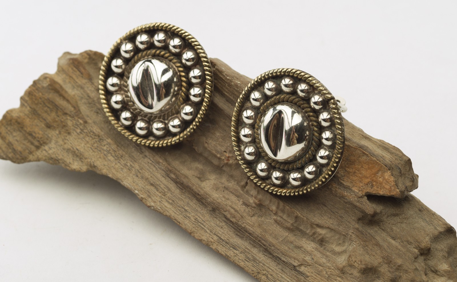 Vintage Sterling Silver Taxco Mexico 925 Two Tone Round Chunky Clip Earrings