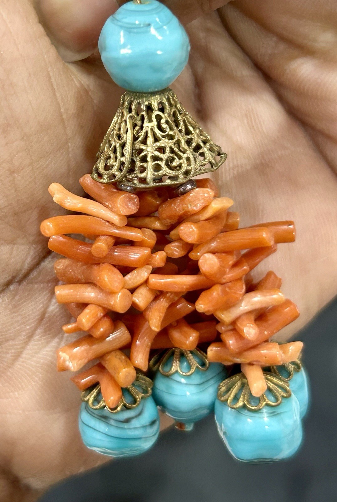 Vintage Coral And Art Glass Earrings Orange Turquoise Summer Beach Hot Dangle