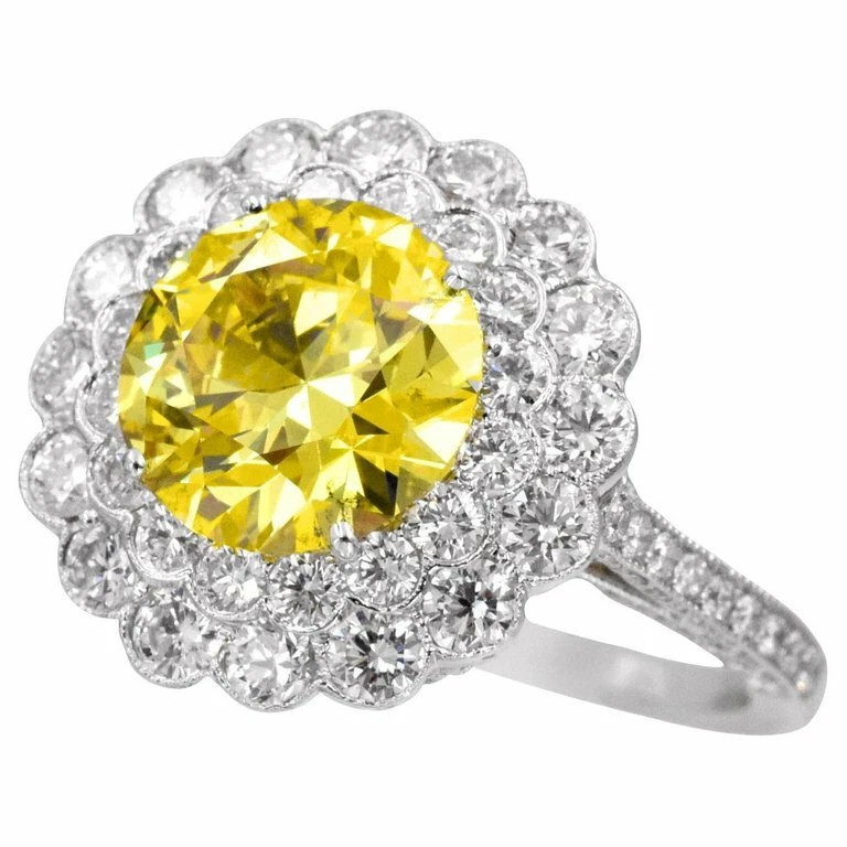 Flower with 6.84CT Fancy Vivid Yellow Color Center Gemstone With Round CZ RingFN