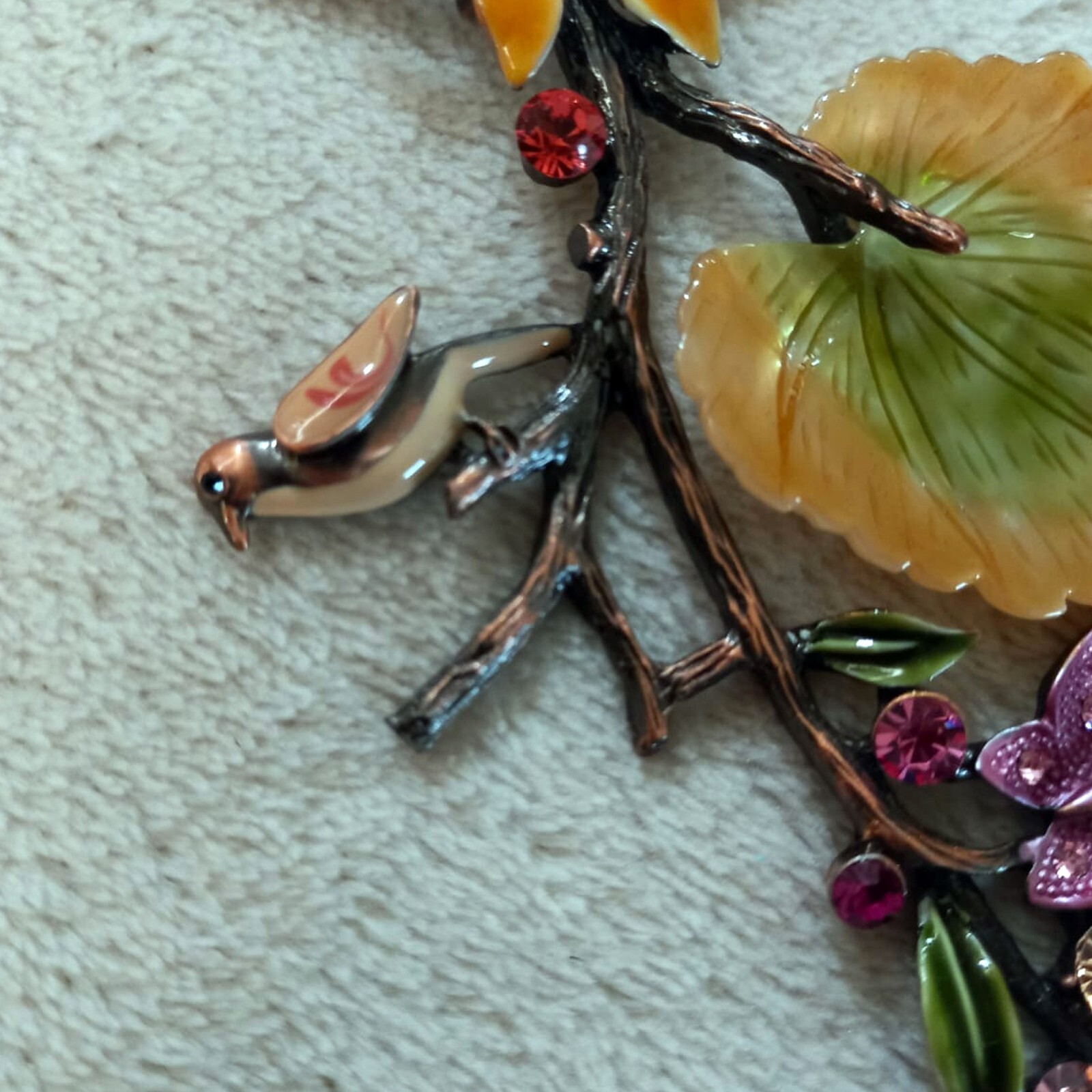 Women’s Necklace With Earring Bird on a Branch Flower on Copper Band