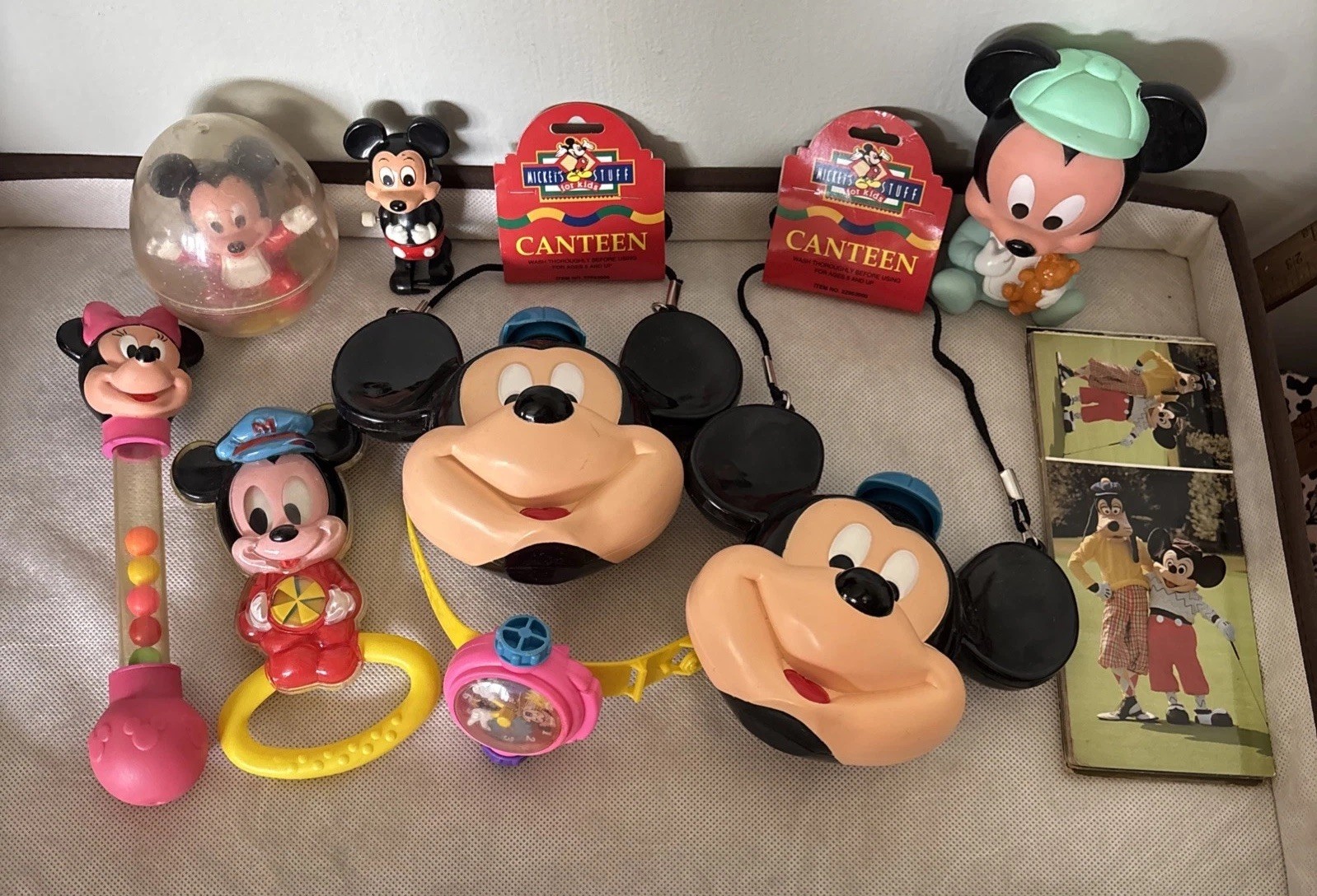 Vintage Junk Drawer Lot 18 Unused Postcards, Toys, Mickey Mouse, Watches, More