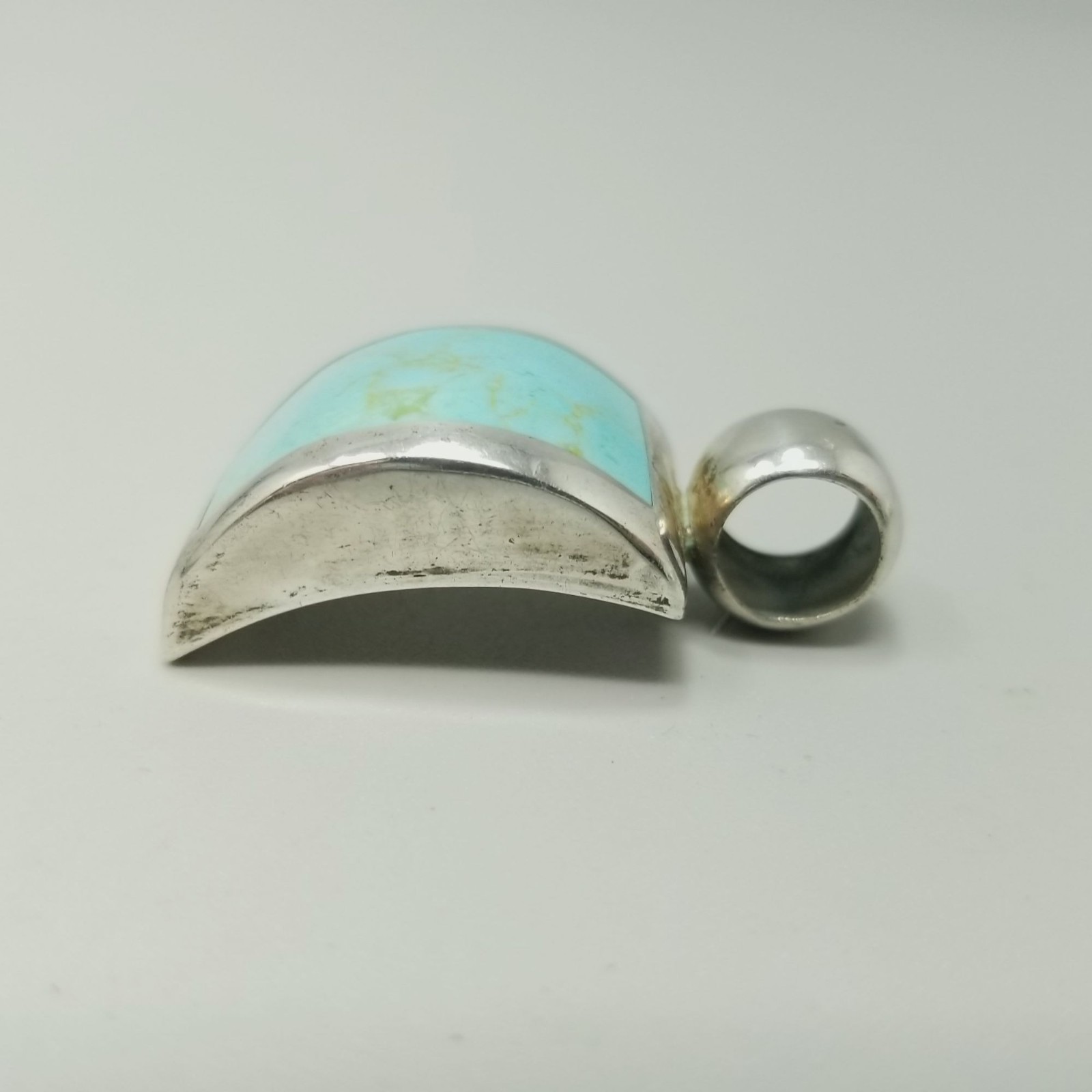 Vintage Sterling Silver Blue Stone Pendant Curved Rectangle Mexico 1 1/2 Inch