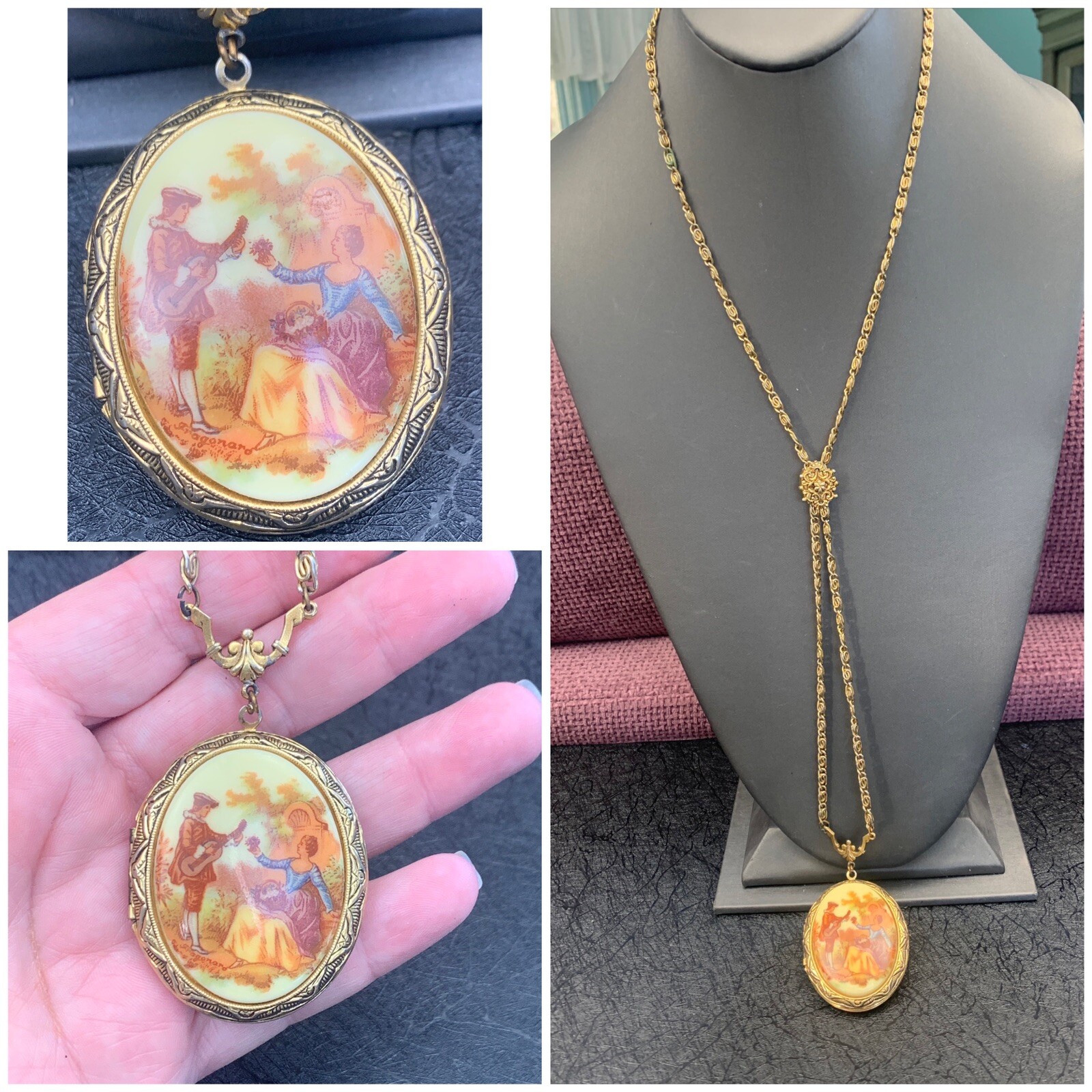 vintage 1950s mid century lariet picture locket gold tone pendant necklace 30”