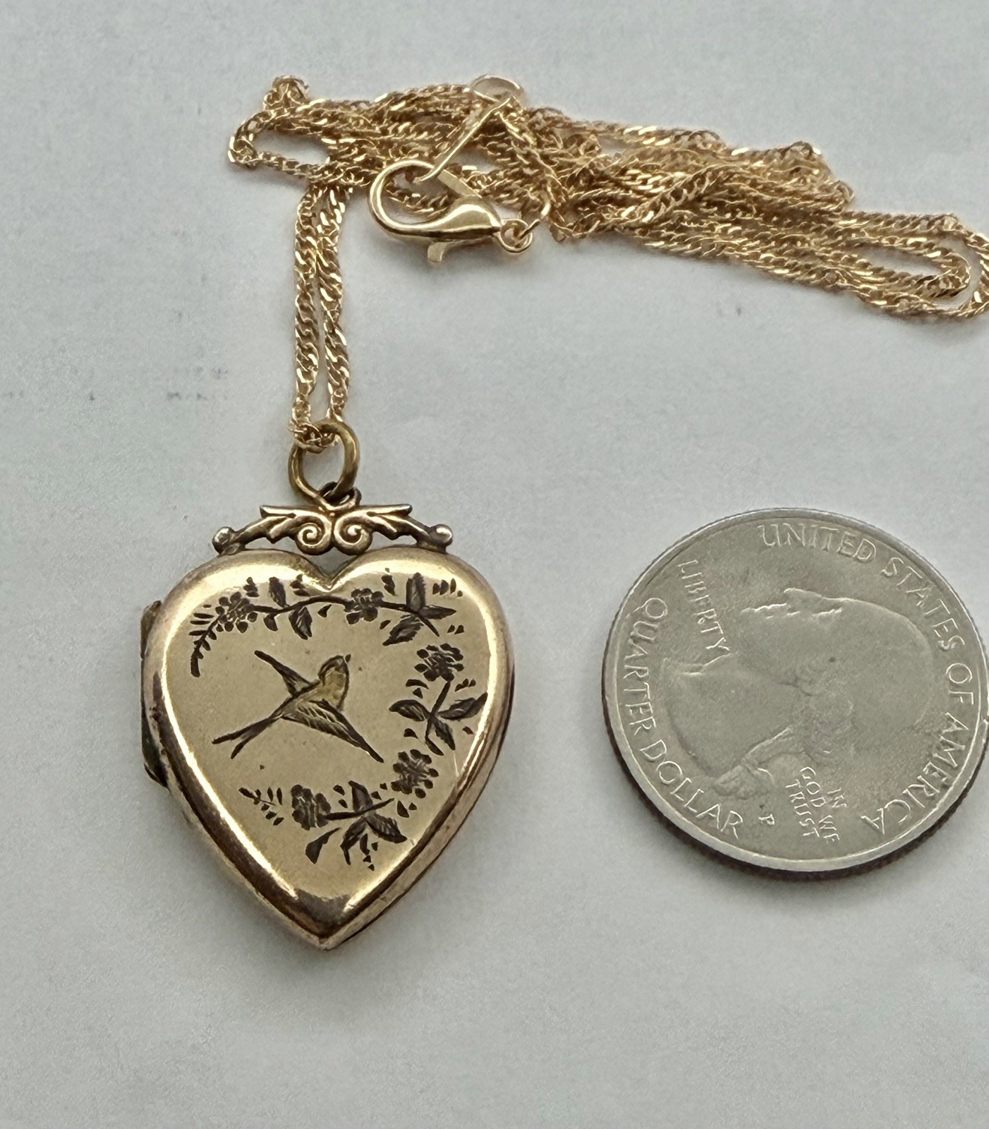 Victorian Aesthetic Movement Bird & Flower Vines Double Sided RG Locket Necklace