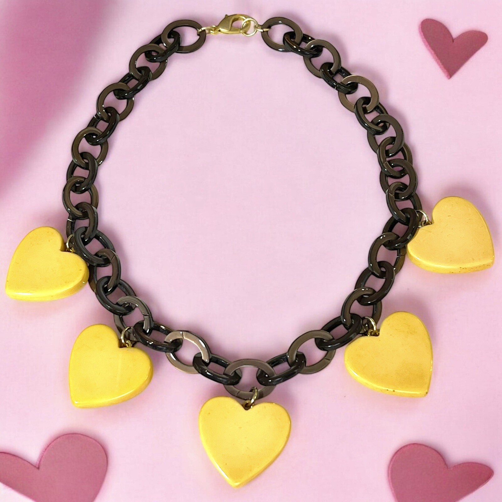 Bakelite Necklace, Cream Corn Hearts on Brown Acetate Acrylic Chain, 💝