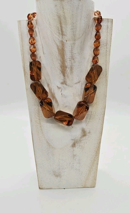 Brown Rootbeer Necklace Lucite Acrylic Chain Link Asymmetrical Silver tone 21 in