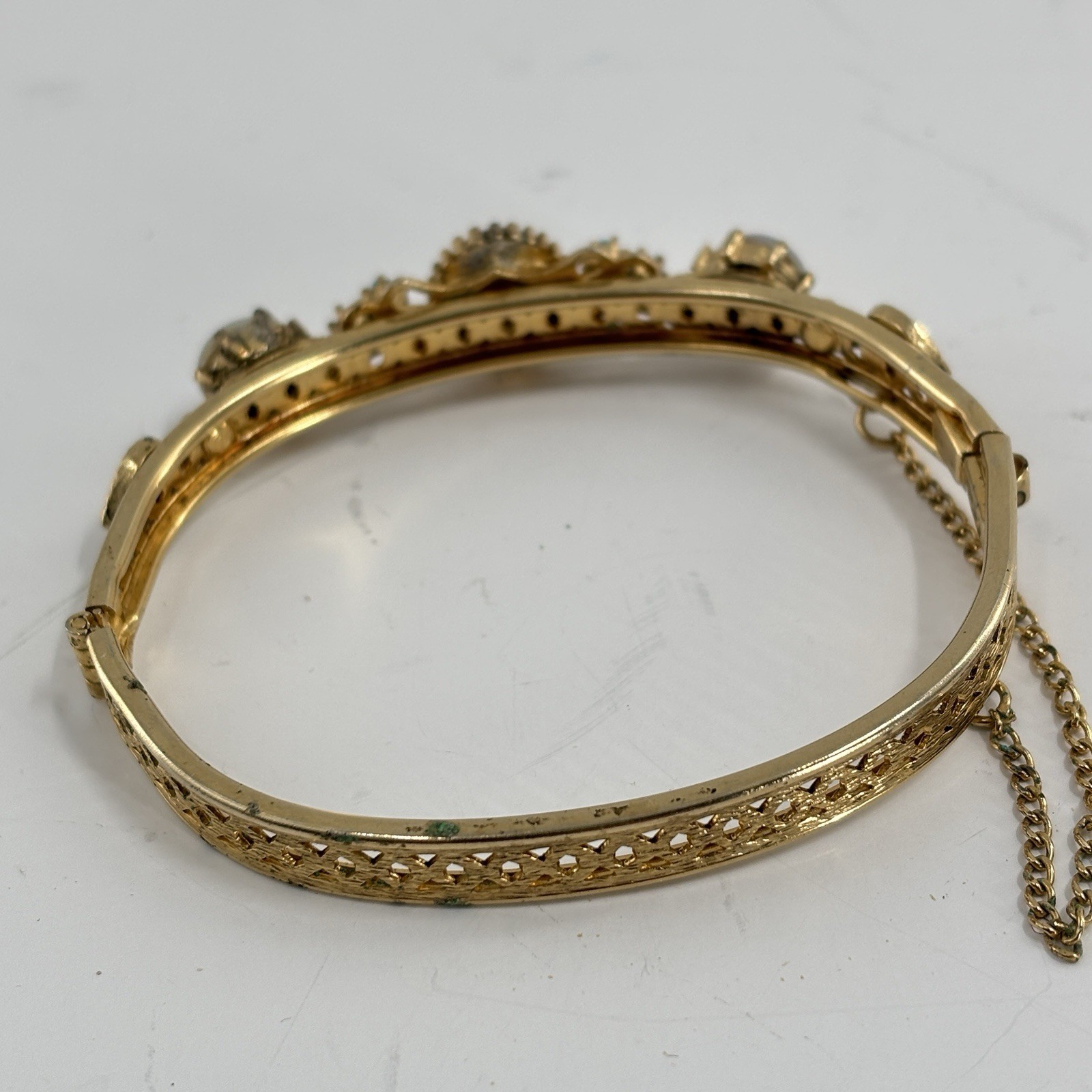 Vintage Florenza Bracelet Bangle Goldtone Filigree Safety Chain Faux Opal