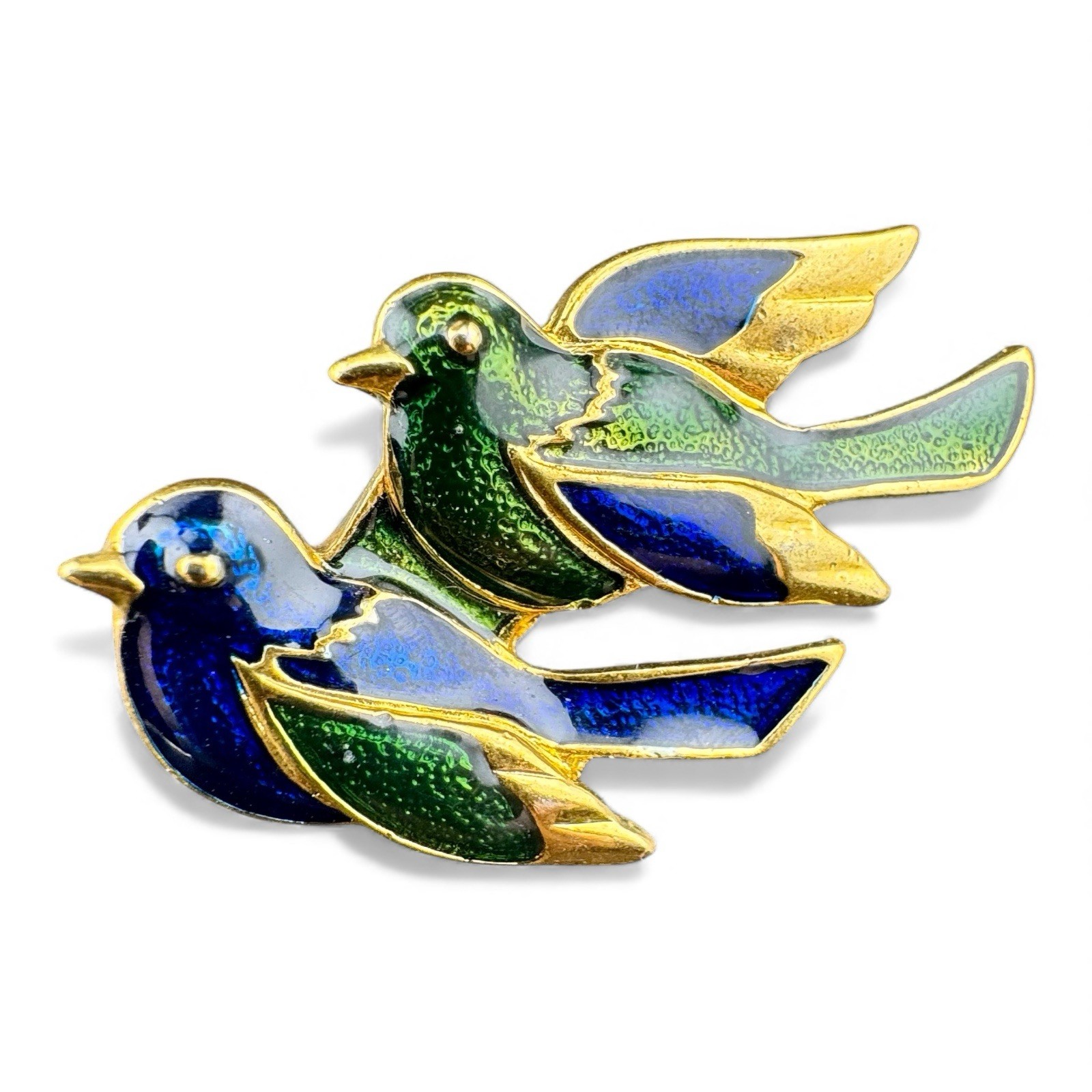 Vintage Gold Tons And Blue And Green Enamel Pair Of Birds Brooch