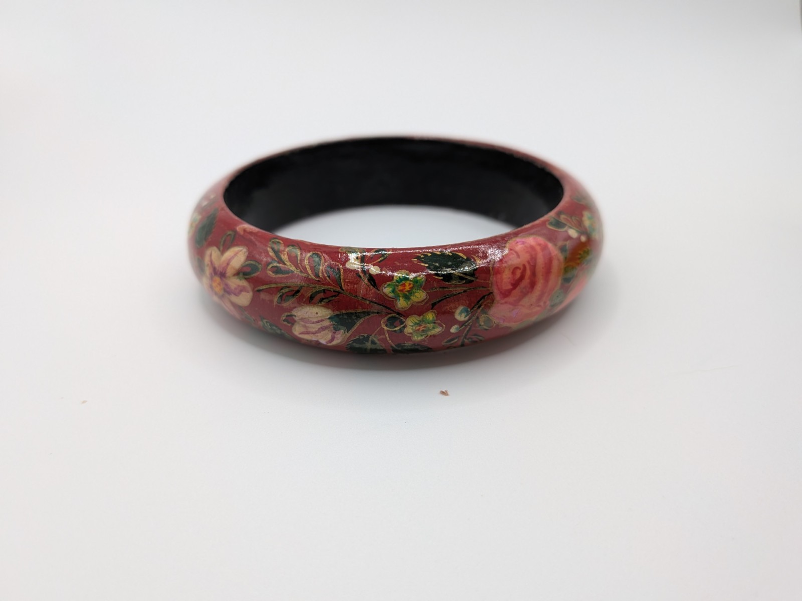 Vintage Russian Style Folk Art Hand Painted Floral Bangle Bracelet Red Laquer