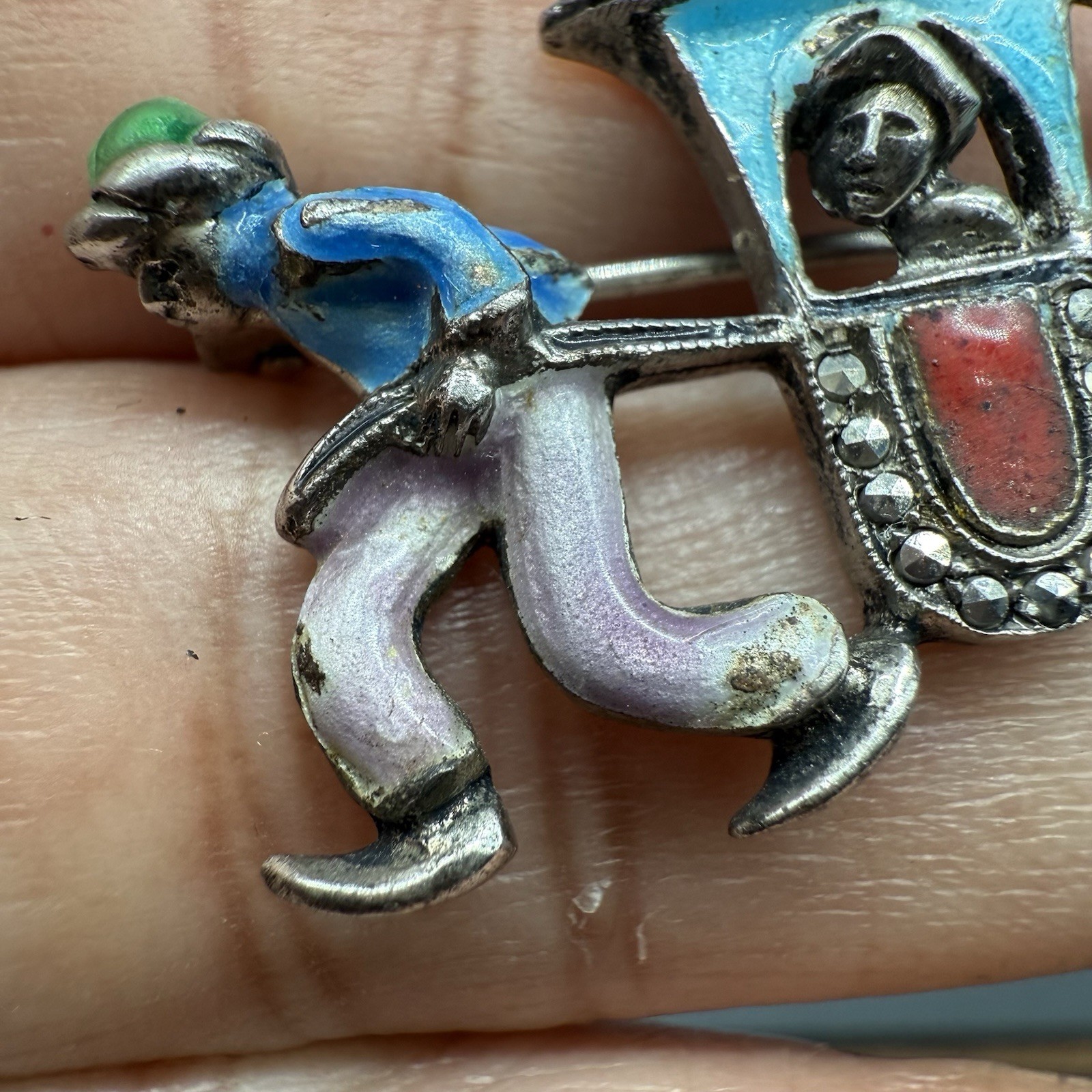 Vintage Unmarked Silver Marcasite Sedan Chair Brooch 7 Grams 935? AS IS