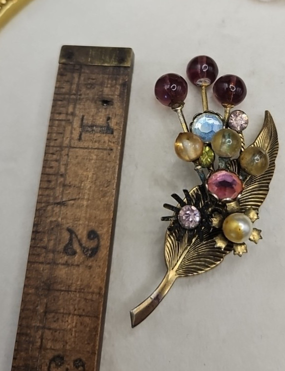 Vintage Czech Glass 1940s Floral Flower Brooch Pin Rhinestone Pearl Brass