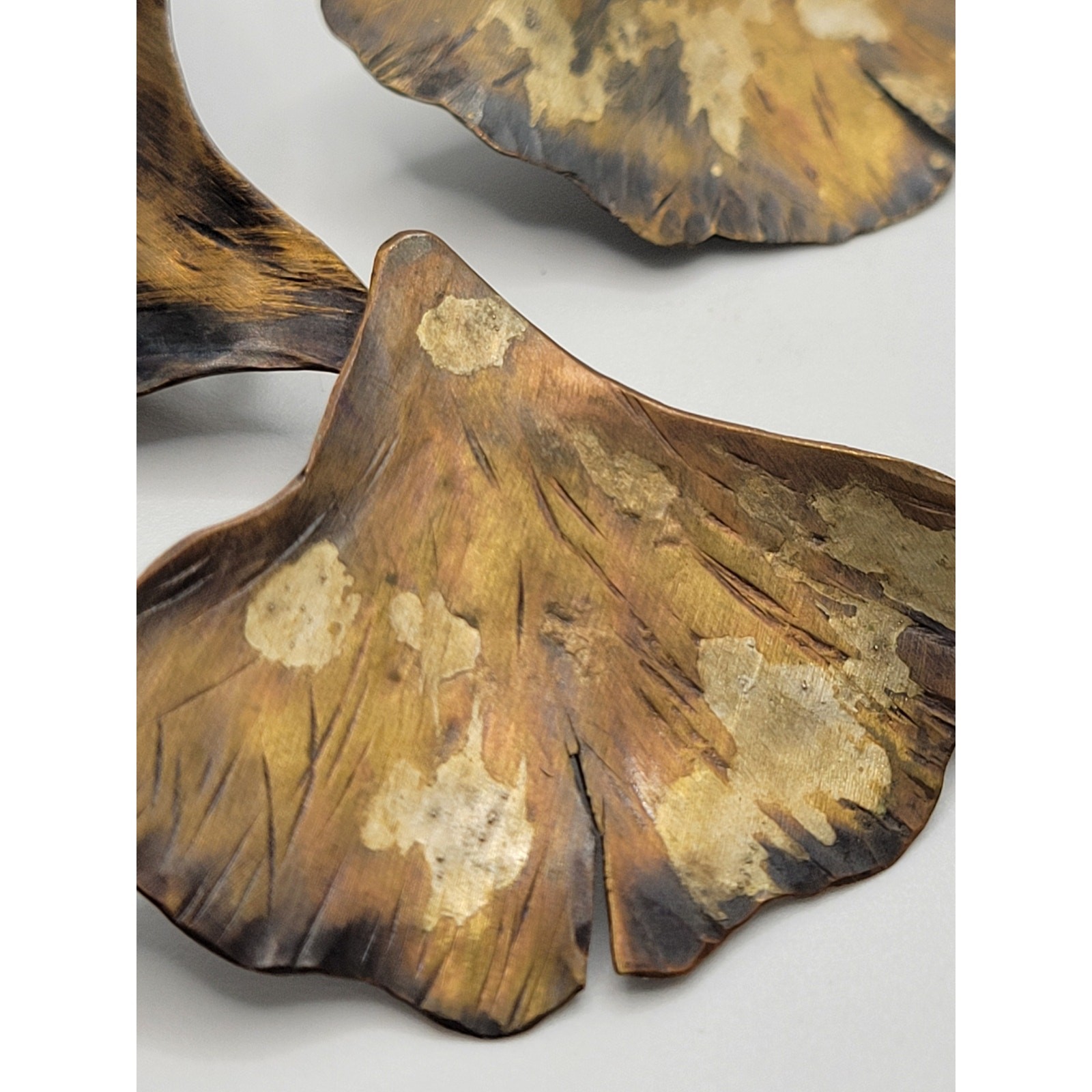 Brutalist Ginkgo Leaf Brooch Earrings Set Artisan Handmade Patina Huge Leaves