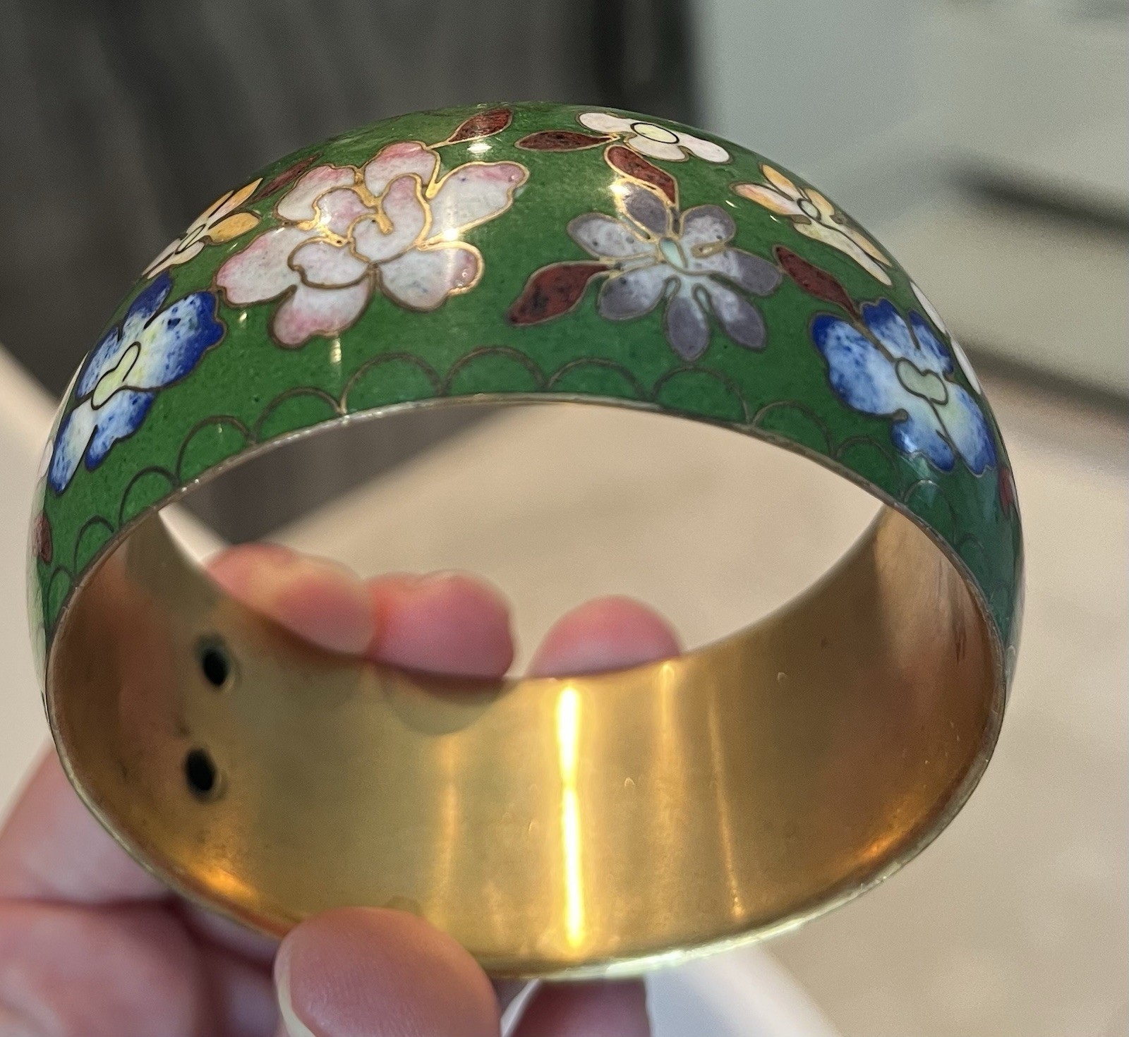 Vintage Cloisonne Bangle Bracelet Green Enamel Brass Gold Floral Water Lillies