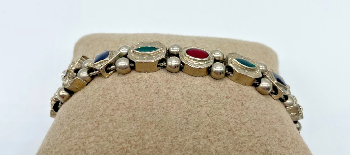 VTG Victorian Revival sliding charm ball bracelet silver tone Rhinestone 7.5″