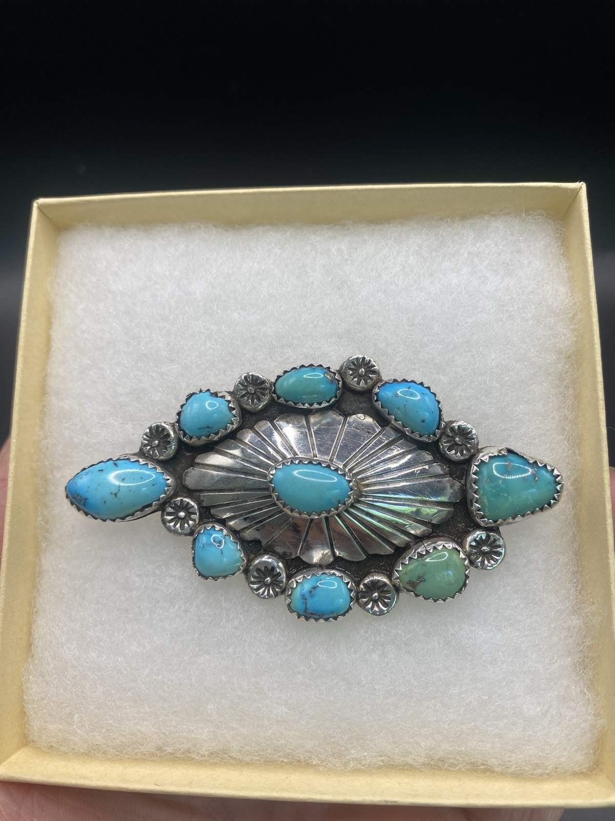 Early 1900’s Navajo Signed Silver Oval Turquoise Cluster Brooch Pin, 2.25 “