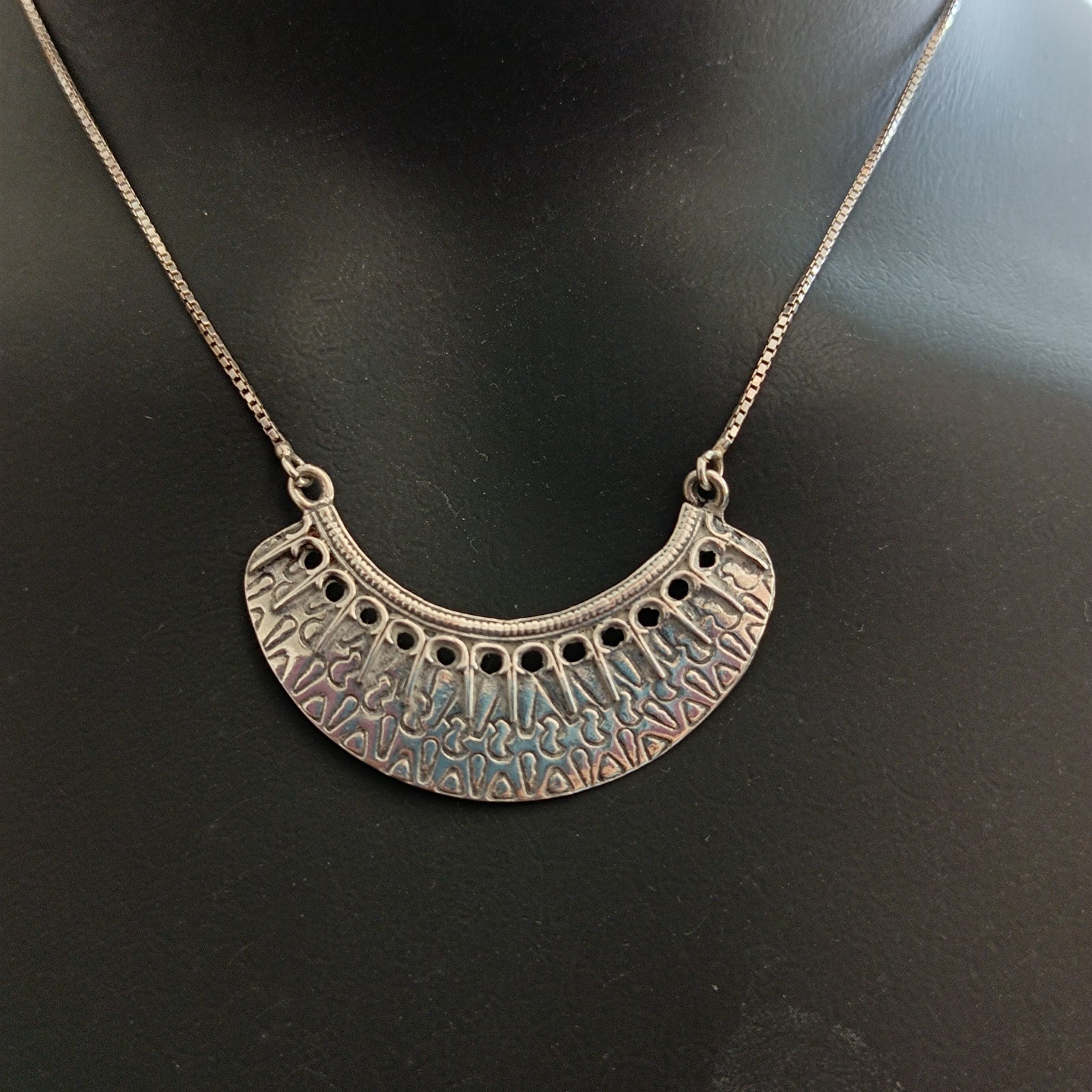 Vintage Sterling Silver Moon Crescent Necklace Ethnic Folk Inspired Engraved Bib