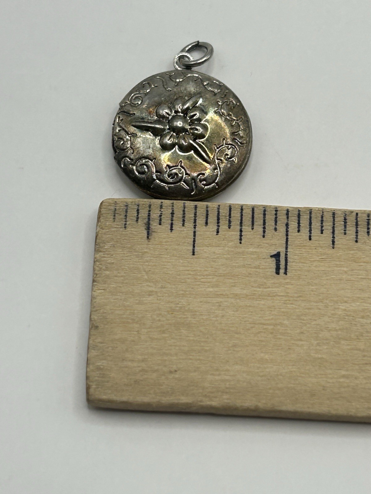 Vintage Round Locket Pendant Floral Etched Silver Tone Photo Charm Cottagecore