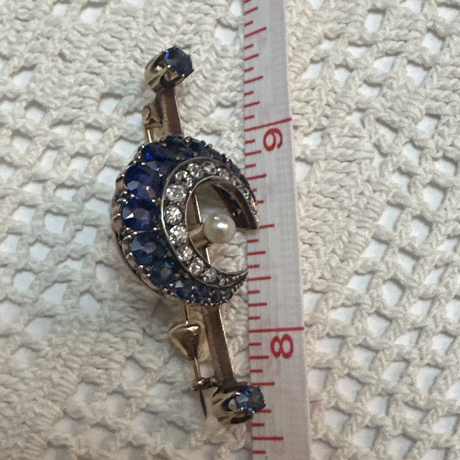 Late 19th Century MOON Sapphire, Diamond & Pearl Broach Set In 9-12k Gold w BOX