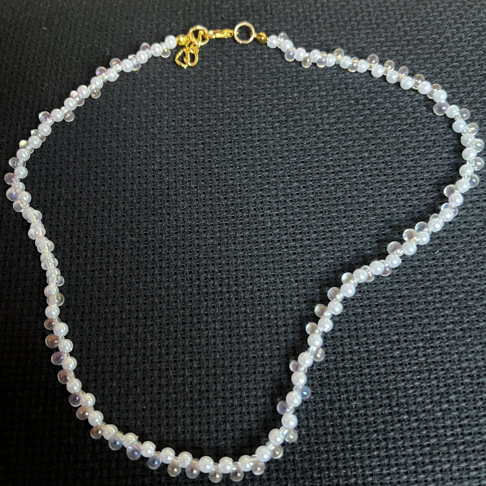 Handmade fauxpearl clear glass deaded necklace gold tone clasp choker strand