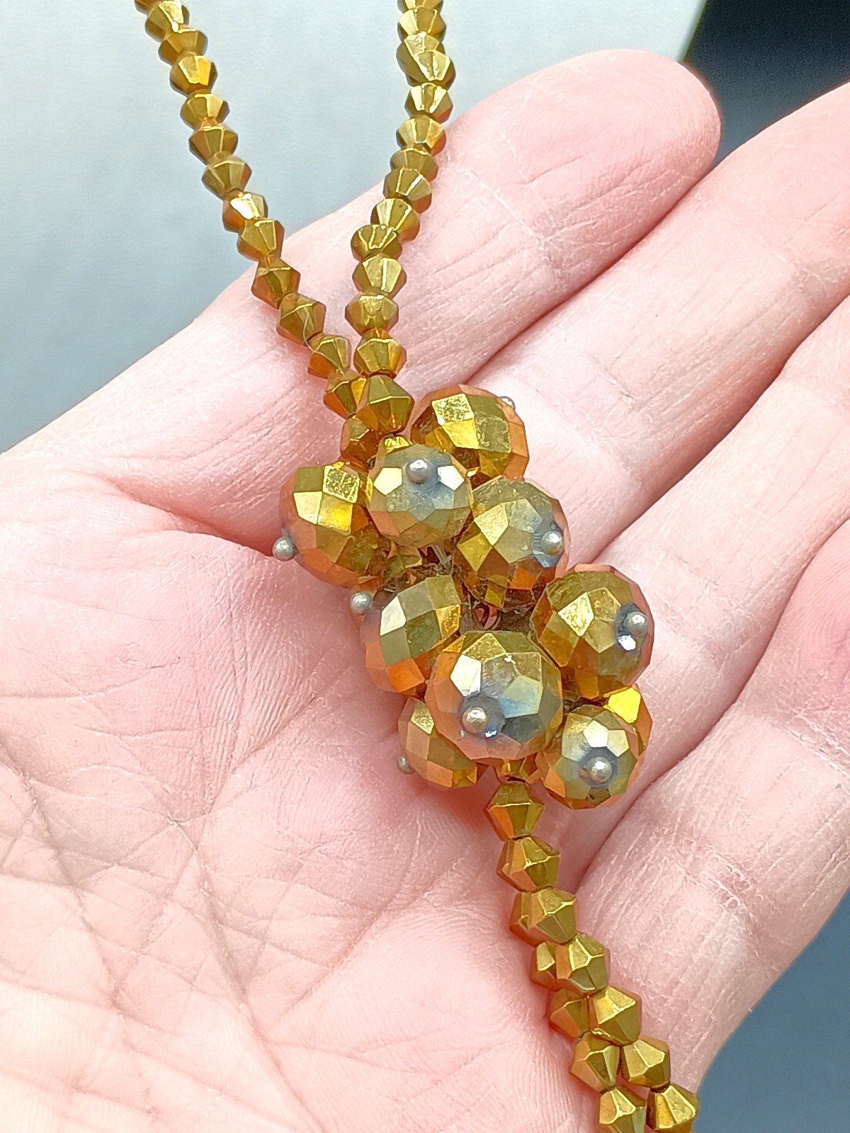 Vintage Lariat Tassel Necklace Beaded Gold Tone Faceted Bicone Sparkle Bow 29″