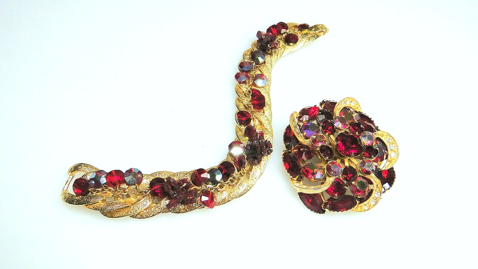 Vintage Red Rhinestone Pin & Ornate Crystal Bracelet Lot