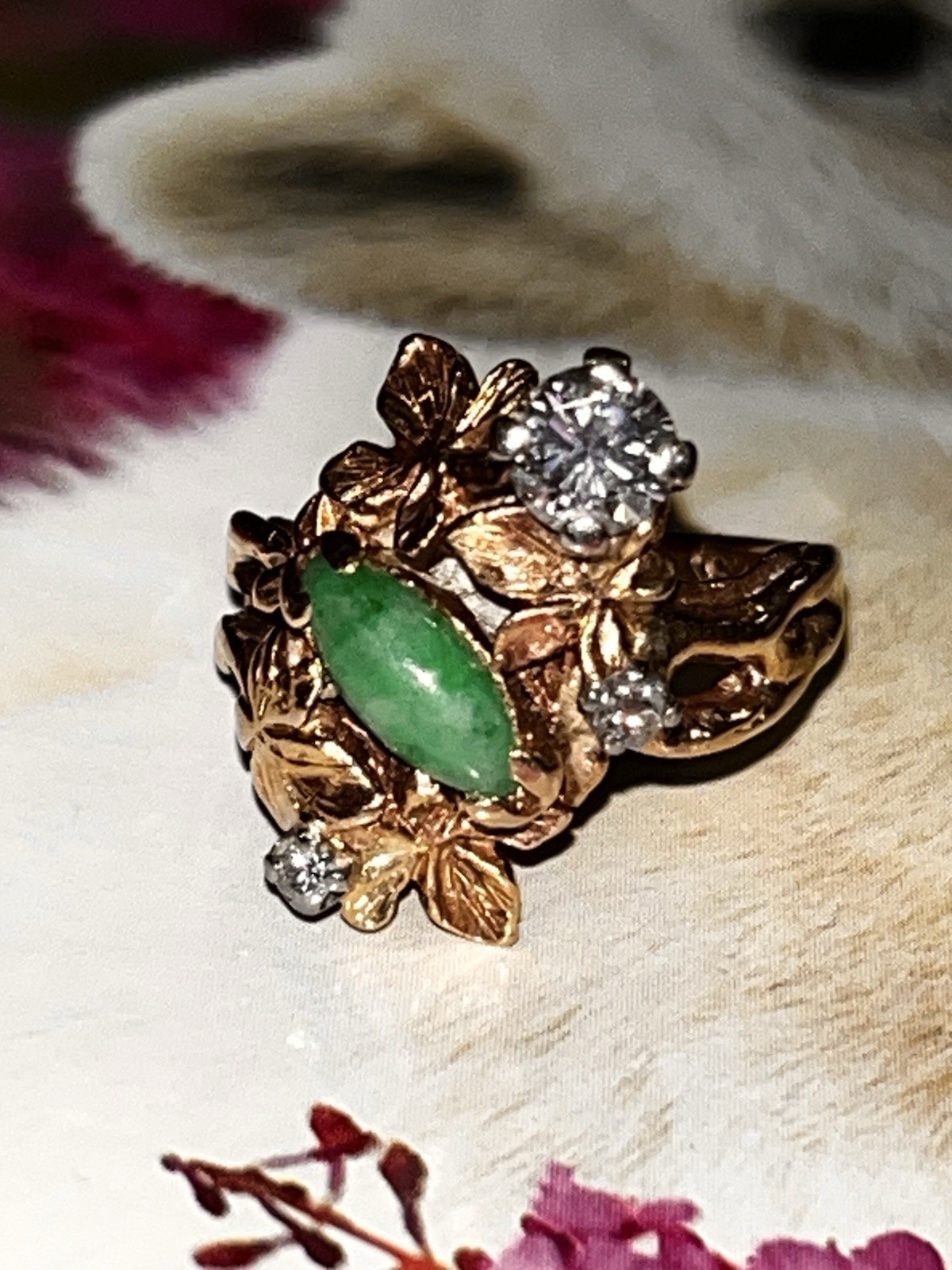 Vintage Custom Made 14k Gold Chunky Floral Diamond/natural Jade Ring Sz6