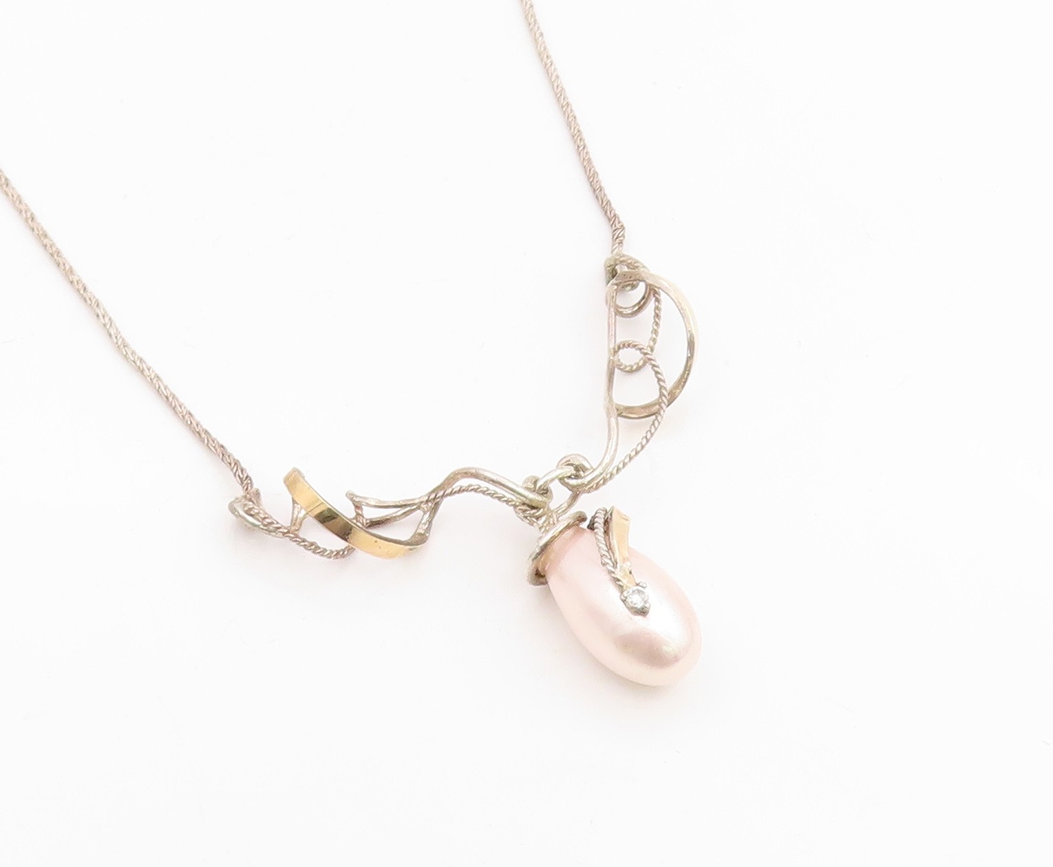 14k Gold & 925 Sterling Silver Vintage Necklace Elegant Pearl & CZ Drop NE4861