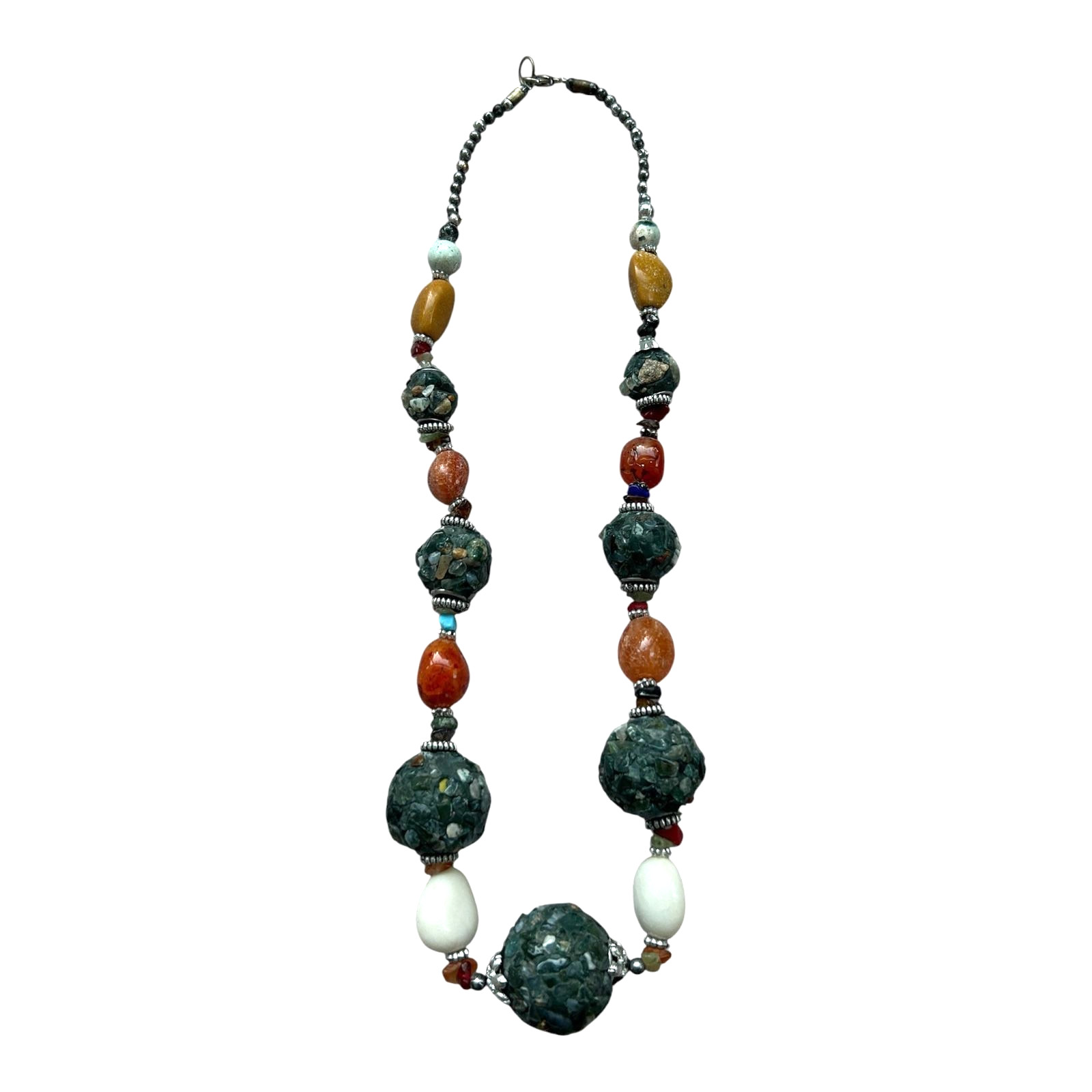 Vintage Chunky Mosaic Stone Beaded Necklace Multicolor Boho Statement Artisan