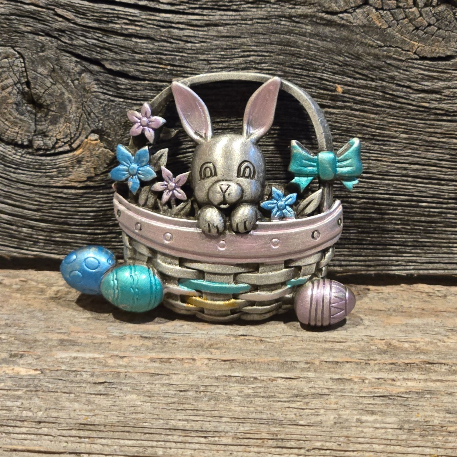 Vintage JJ Bunny Easter Basket Brooch Jonette Jewelry Rabbit Spring Holiday Eggs