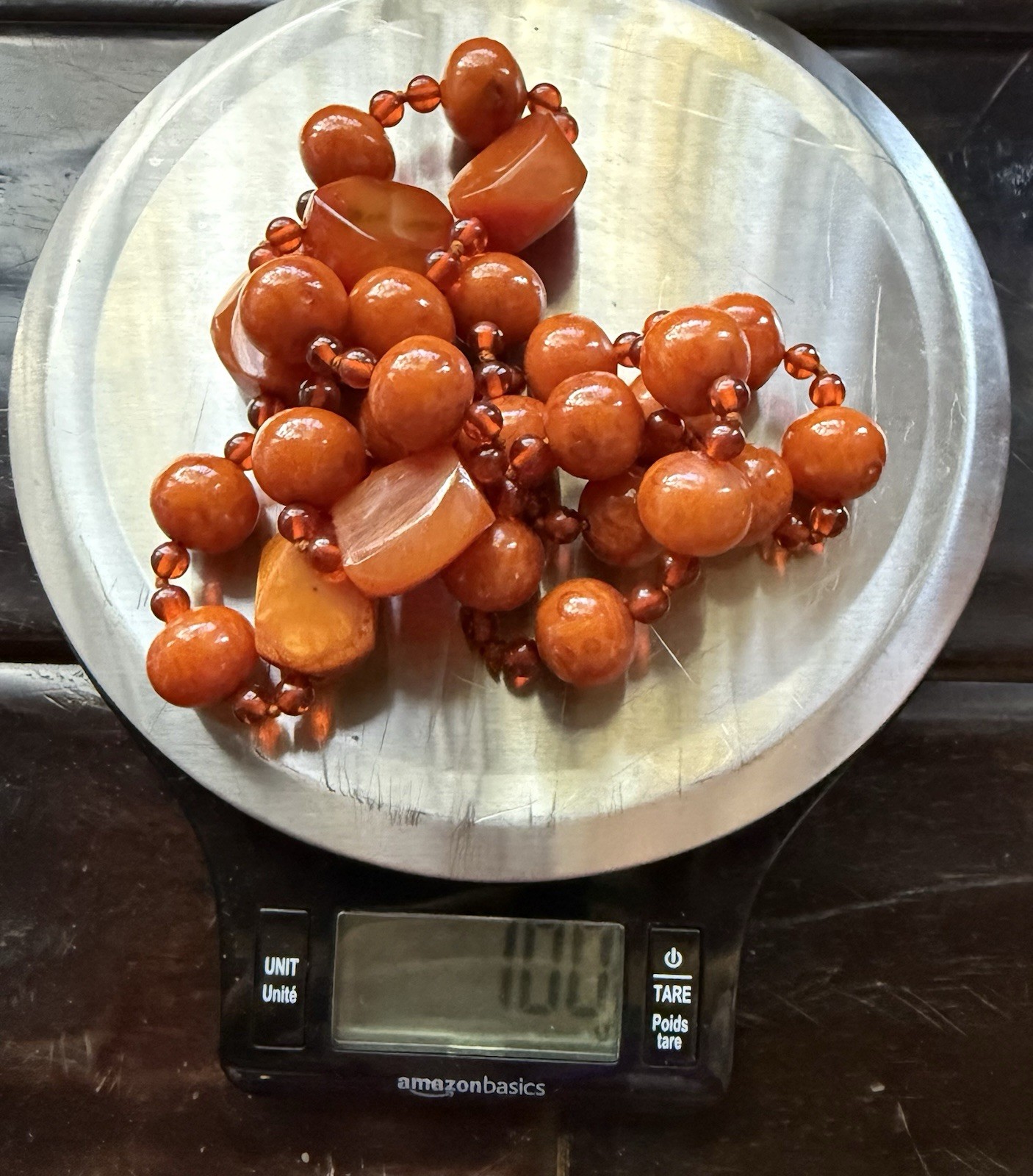 Vintage 100g Cherry Orange Catalin Bakelite Art Deco Mixed Bead Necklace 31”