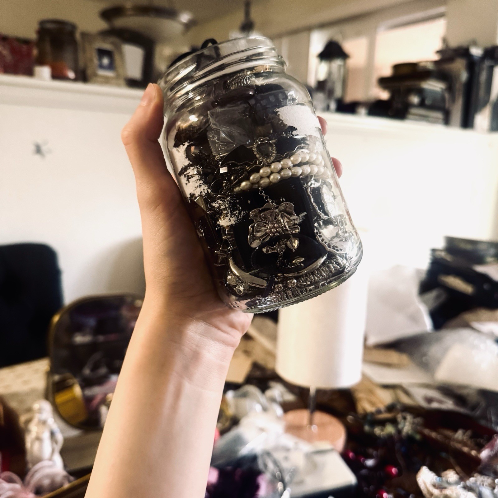 Huge Gothic Vintage Jewelry Jar Silver Tone Pearls Victorian Dark Romantic Mix