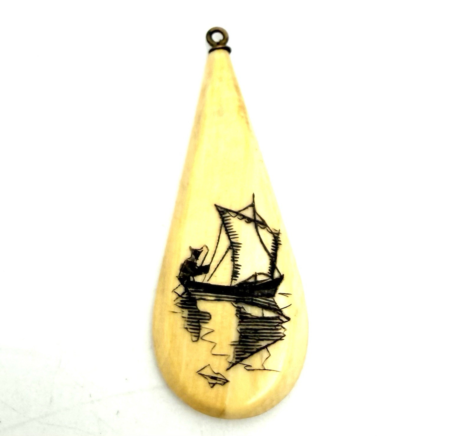 Scrimshaw Pendant Fishing Boat Elongated Teardrop Vintage