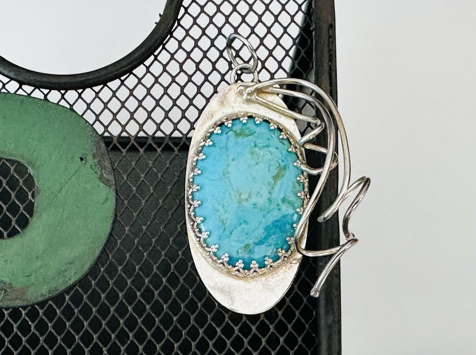 Sterling Silver 925 Abstract Turquoise Vintage Modernist Retro Pendant Handmade