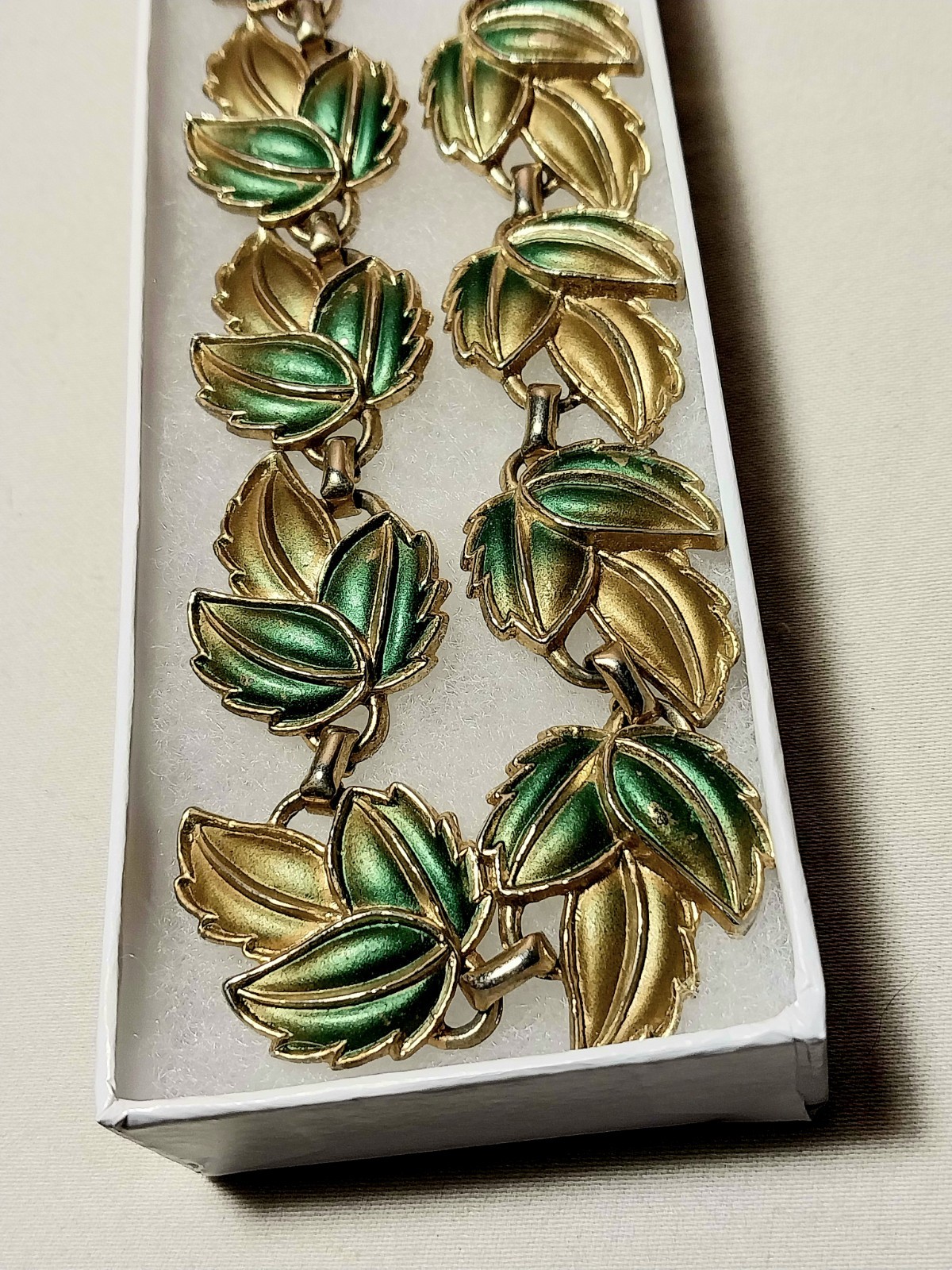 Vintage Green & Gold Enamel Metal Leaf Necklace